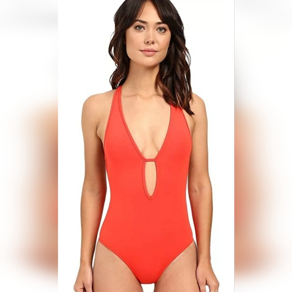 Jets Plunge One Piece Swimsuit, Coral, Women's 4